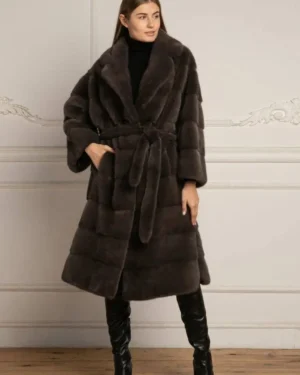 Maisie | Grey - Brown Scandinavian Mink Fur Coat With Notched Collar & Fur Belt