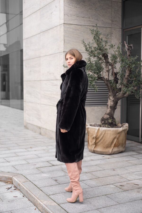 Octavia | Luxury Scandinavian Black Mink Fur Coat With Lavish Notched Collar &  Fur Belt - Image 3
