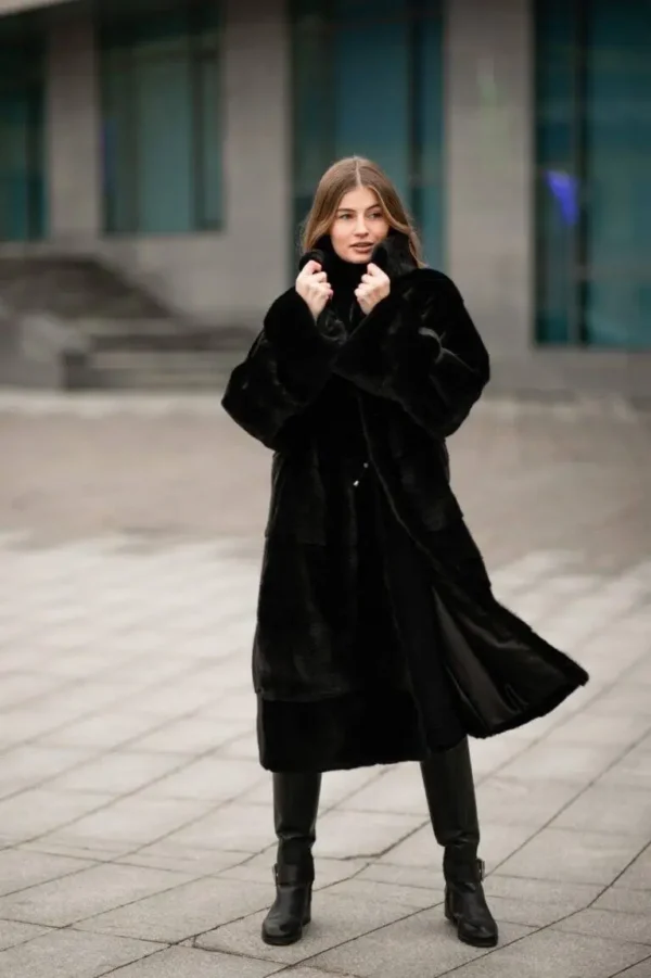 Nevelle | Luxury Black Mink Fur Coat With Stand Up Collar & Fur Belt - Image 3