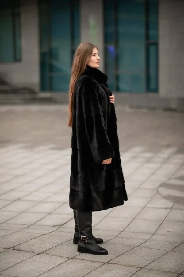 Nevelle | Luxury Black Mink Fur Coat With Stand Up Collar & Fur Belt - Image 4