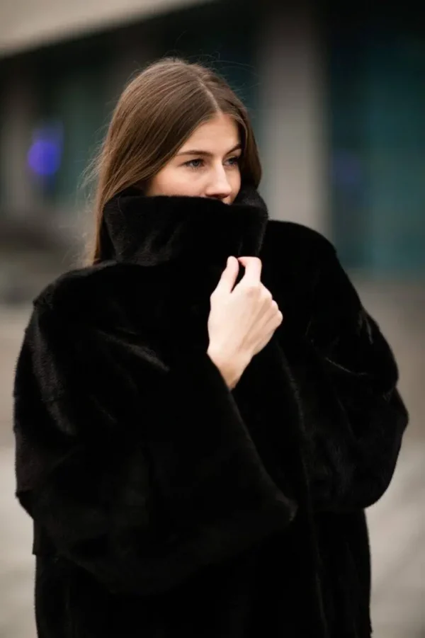 Nevelle | Luxury Black Mink Fur Coat With Stand Up Collar & Fur Belt - Image 2