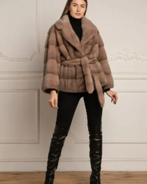 Davina | Champagne Scandinavian Mink Fur Jacket With Notched Collar & Fur Belt