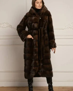 Peta | Luxury Brown Mink Fur Coat With Lavish Hood Relaxed Fit & Fur Belt