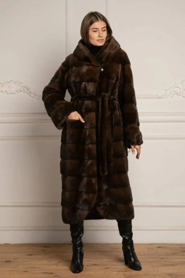 Peta | Luxury Brown Mink Fur Coat With Lavish Hood Relaxed Fit & Fur Belt