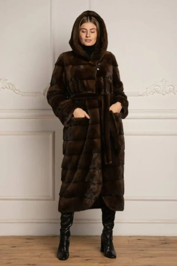 Peta | Luxury Brown Mink Fur Coat With Lavish Hood Relaxed Fit & Fur Belt - Image 5