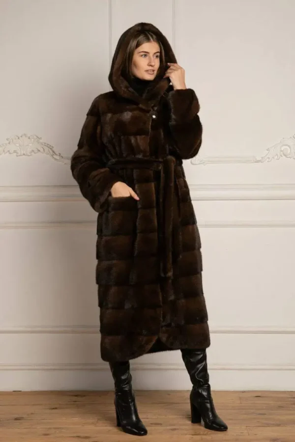 Peta | Luxury Brown Mink Fur Coat With Lavish Hood Relaxed Fit & Fur Belt - Image 6