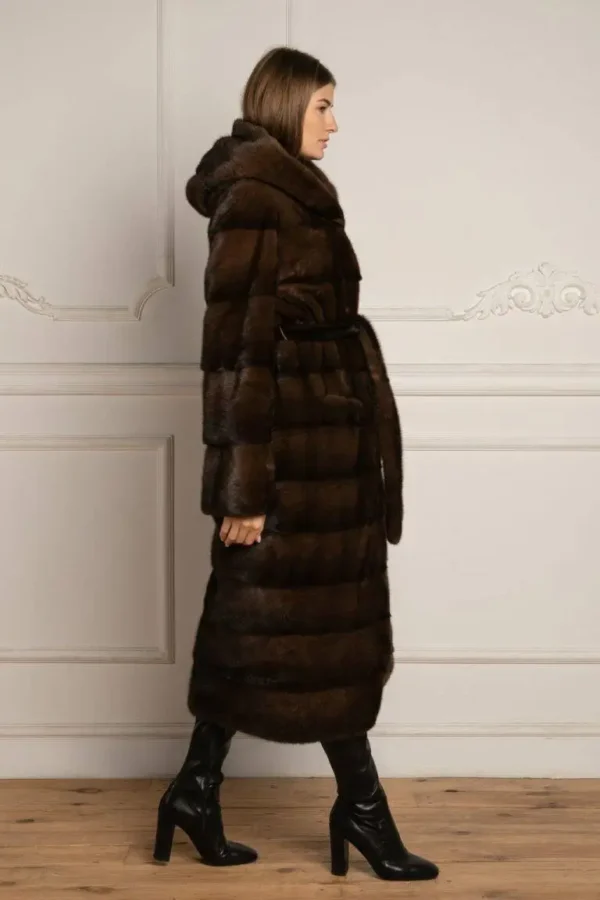 Peta | Luxury Brown Mink Fur Coat With Lavish Hood Relaxed Fit & Fur Belt - Image 7
