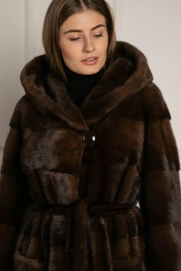 Peta | Luxury Brown Mink Fur Coat With Lavish Hood Relaxed Fit & Fur Belt - Image 3