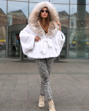 Ramsey | White Mink Fur Cape - Jacket With Canadian Lynx Fur Hood & Fur Belt