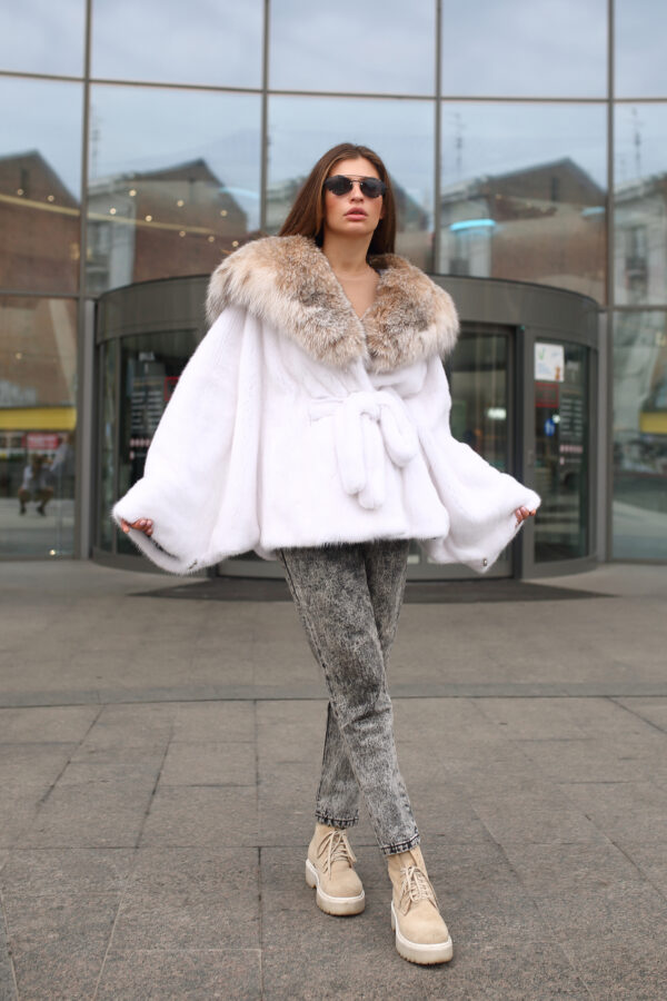 Ramsey | White Mink Fur Cape - Jacket With Canadian Lynx Fur Hood & Fur Belt - Image 6