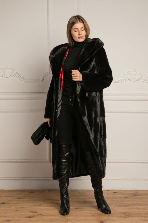 Emmerson | Luxury Black Mink Fur Coat With Lavish Hood Relaxed Fit & Fur Belt - Image 7