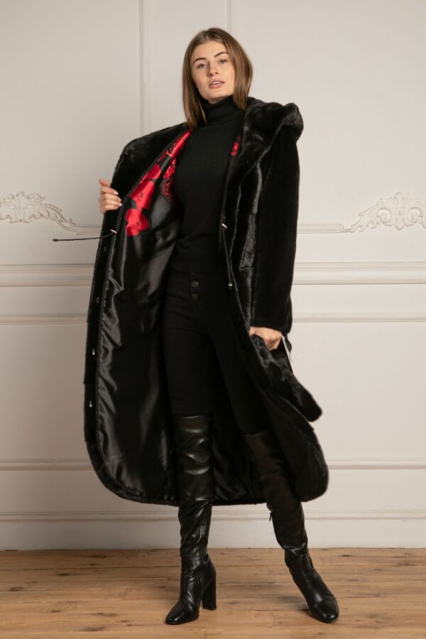 Emmerson | Luxury Black Mink Fur Coat With Lavish Hood Relaxed Fit & Fur Belt - Image 6