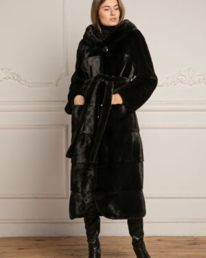 Emmerson | Luxury Black Mink Fur Coat With Lavish Hood Relaxed Fit & Fur Belt