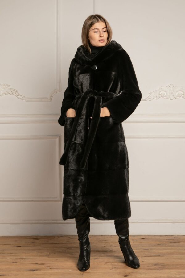 Emmerson | Luxury Black Mink Fur Coat With Lavish Hood Relaxed Fit & Fur Belt