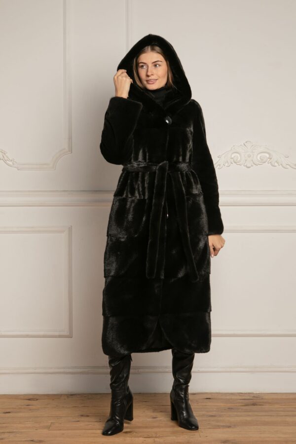 Emmerson | Luxury Black Mink Fur Coat With Lavish Hood Relaxed Fit & Fur Belt - Image 5