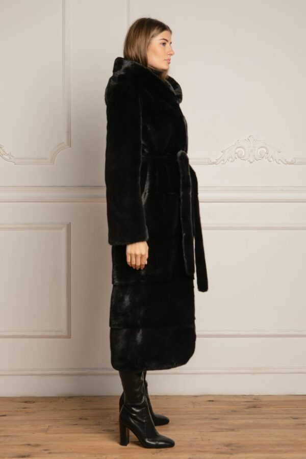 Emmerson | Luxury Black Mink Fur Coat With Lavish Hood Relaxed Fit & Fur Belt - Image 4