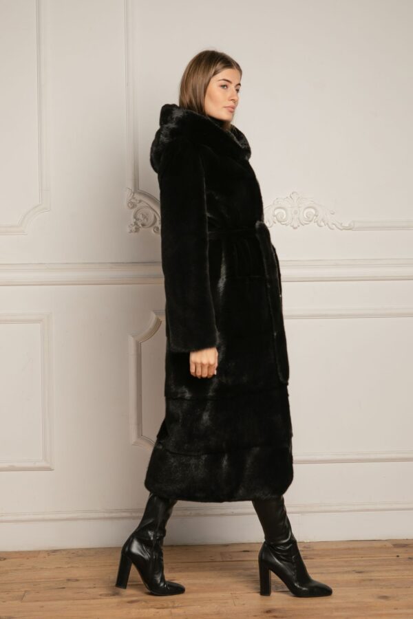 Emmerson | Luxury Black Mink Fur Coat With Lavish Hood Relaxed Fit & Fur Belt - Image 3